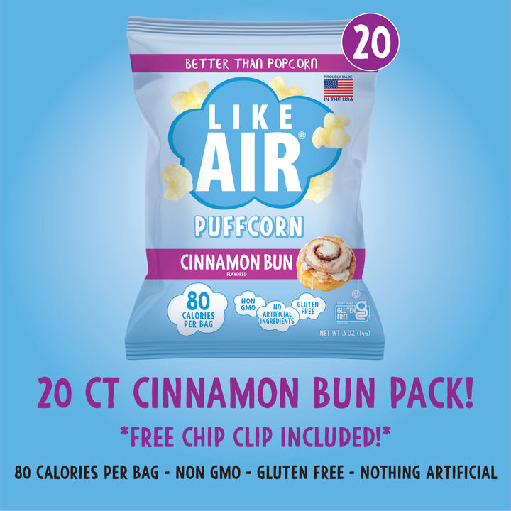Cinnamon Bun Puffcorn Single Serve  - 20 bags - Like Air Puffcorn