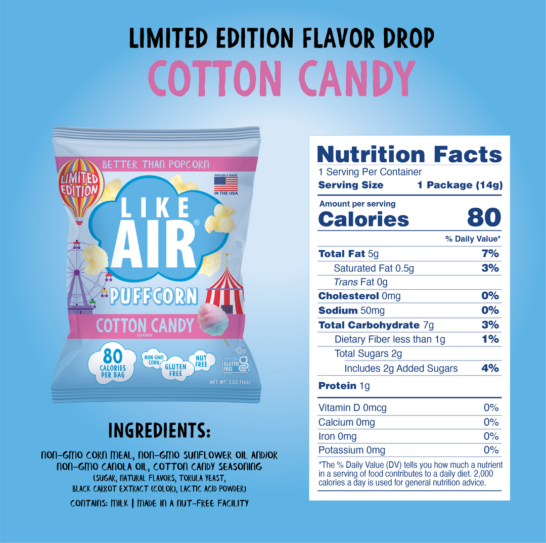 Cotton Candy Puffcorn Single Serve - 6 bags - Like Air Puffcorn