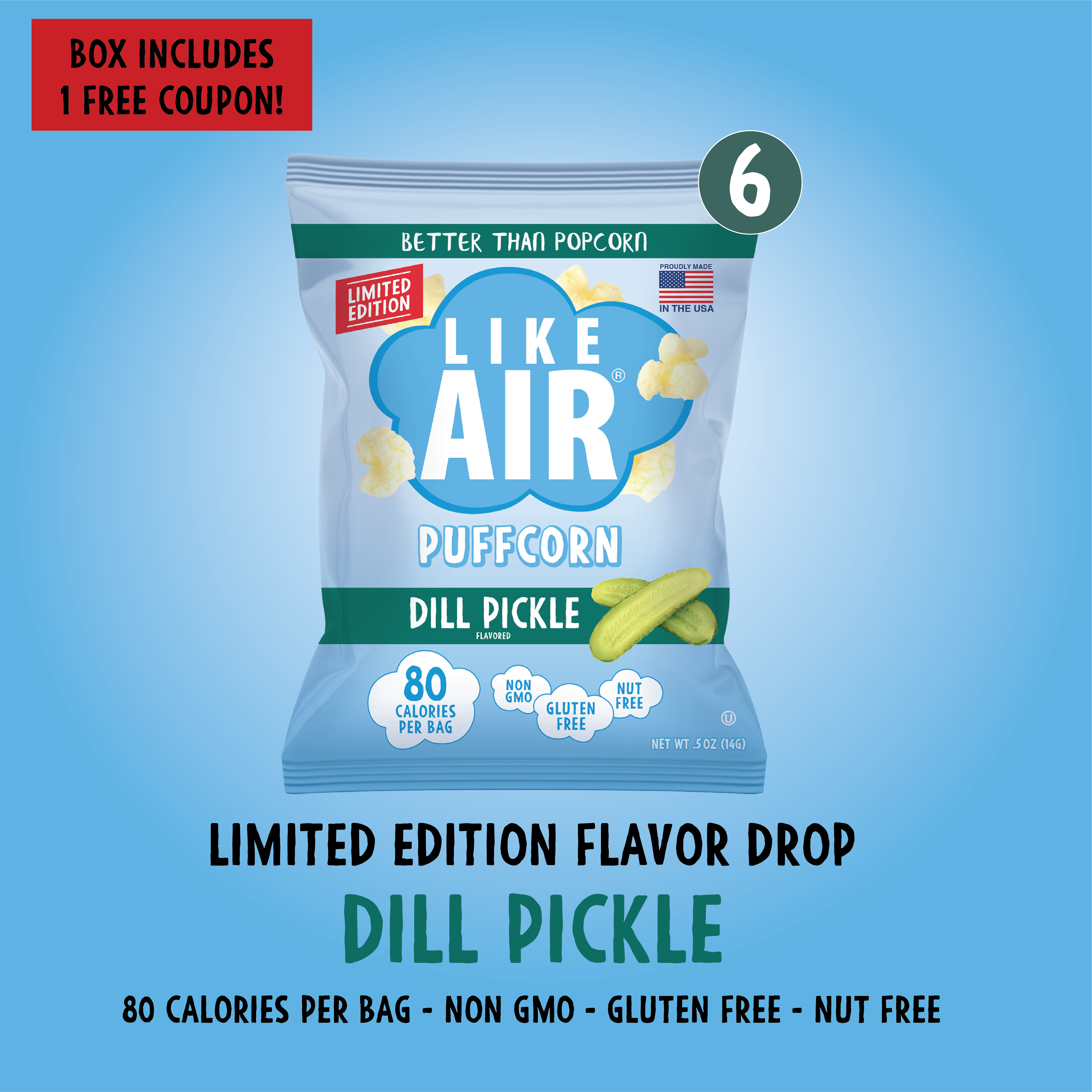 Dill Pickle Puffcorn Single Serve - 6 bags - Like Air Puffcorn