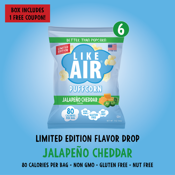 Jalapeño Cheddar Puffcorn Single Serve  - 6 bags - Like Air Puffcorn