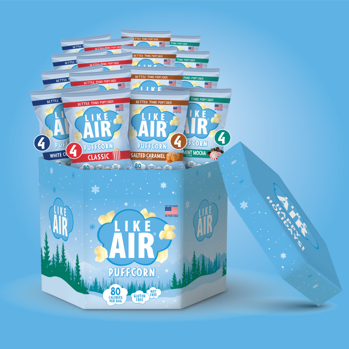 Like Air Puffcorn 4 Flavor Variety Pack Holiday Gift Box (0.5 oz, Pack of 16)